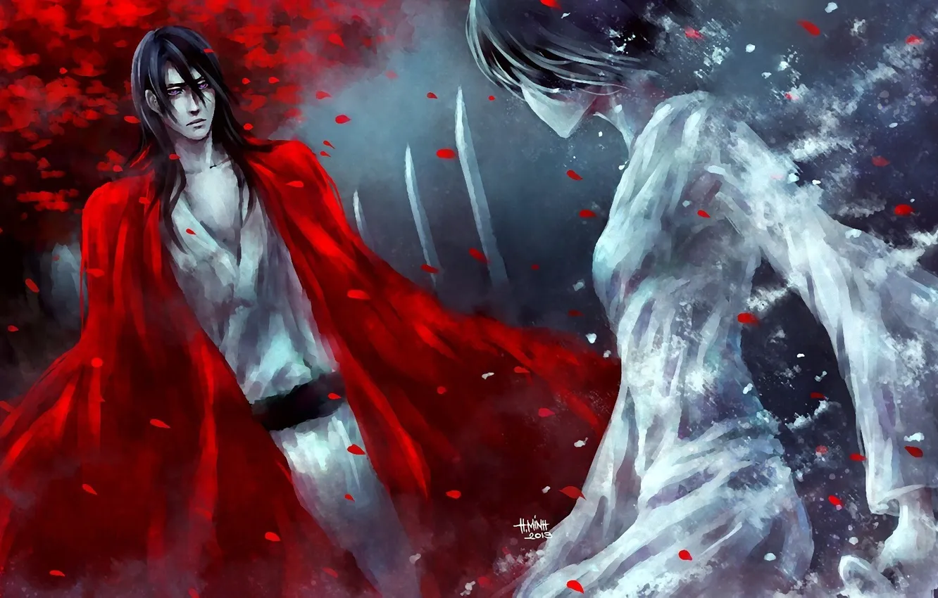 Photo wallpaper look, girl, trees, sword, petals, indifference, guy, Bleach