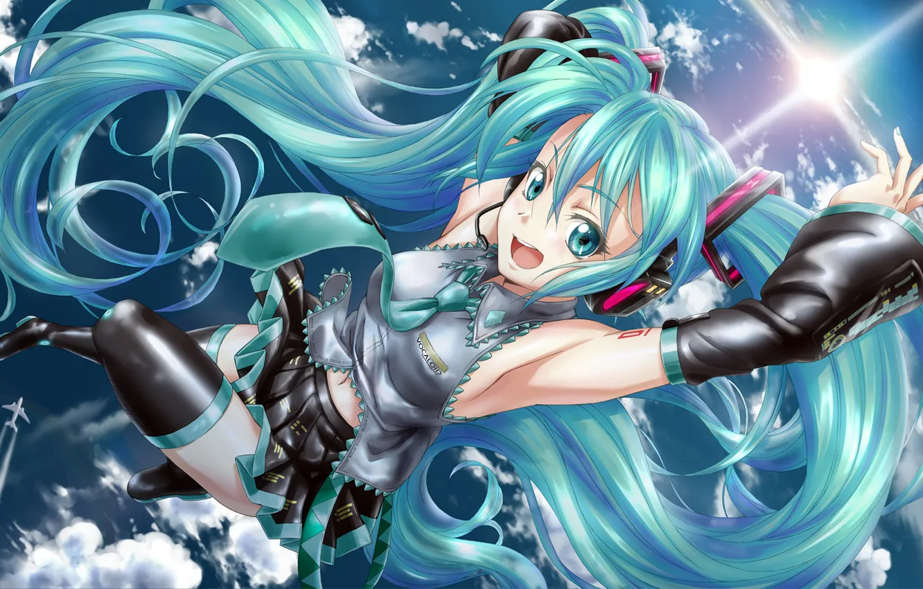 Photo wallpaper the sky, girl, clouds, height, art, microphone, the plane, vocaloid