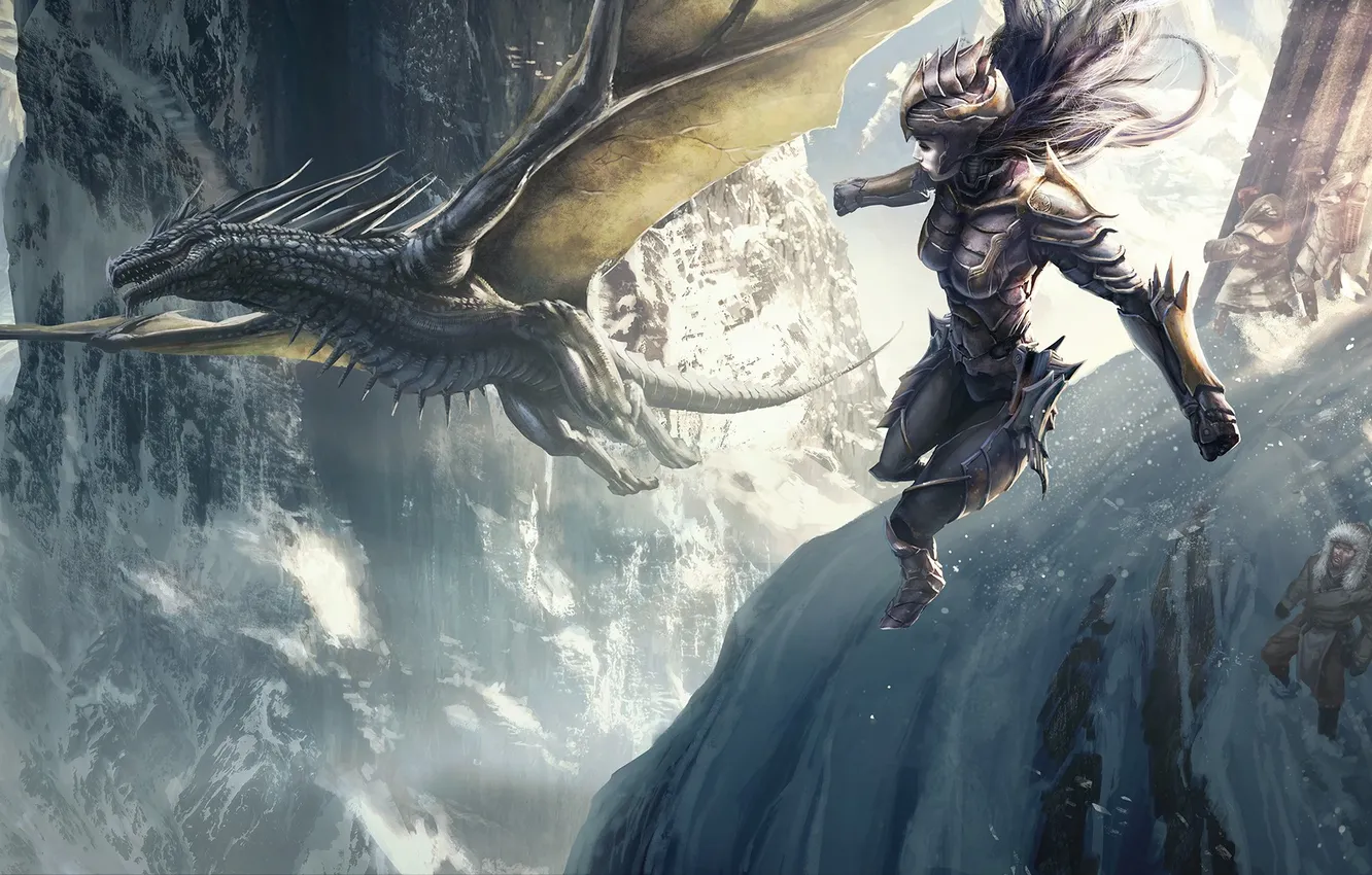 Photo wallpaper girl, snow, mountains, rocks, dragon, armor, columns, MAG