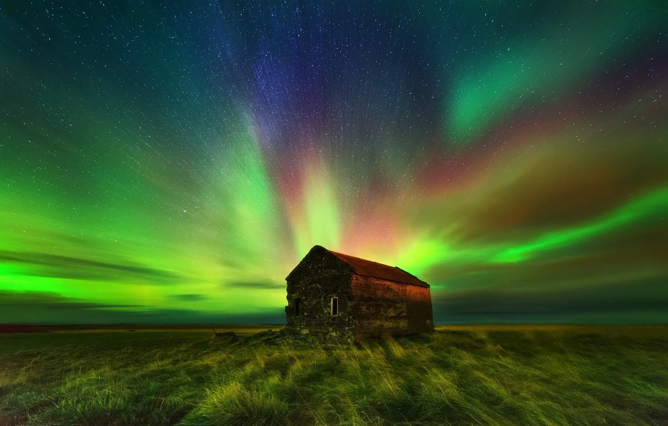 Photo wallpaper field, the sky, stars, night, lights, home, horizon