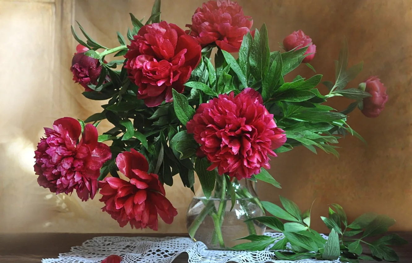 Photo wallpaper flowers, bouquet, vase, napkin, peonies