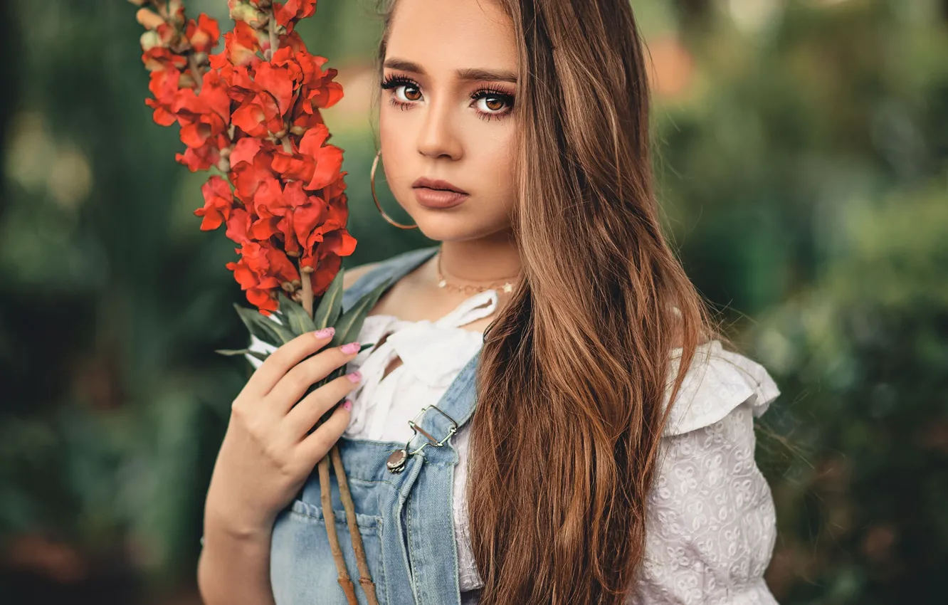 Photo wallpaper look, girl, flowers, nature, blouse, brown hair, curls