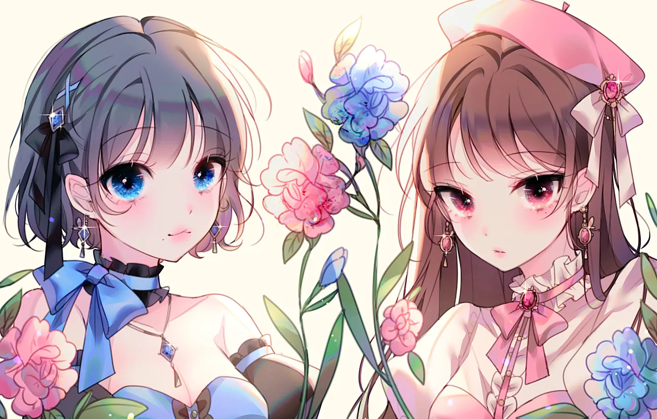 Photo wallpaper girl, flowers, bow, biret