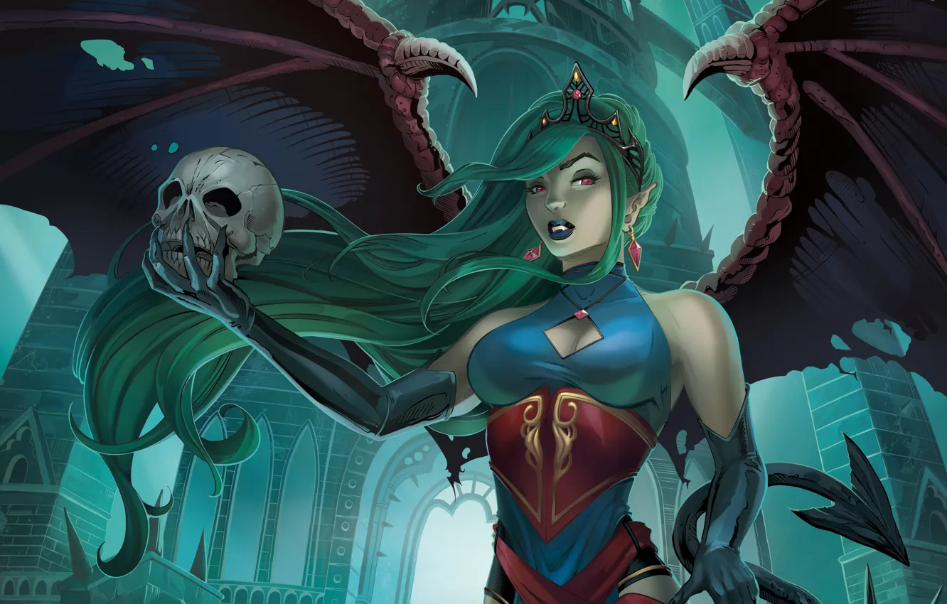 Photo wallpaper girl, night, fiction, skull, wings, vampire, Evelyn