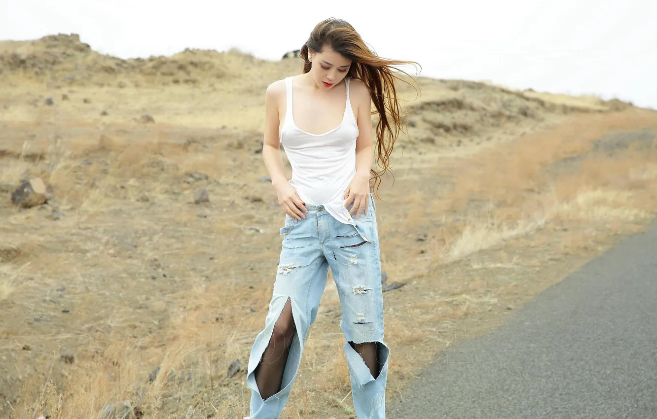 Photo wallpaper girl, sexy, beautiful, model, jeans, asian, cute, t-shirt