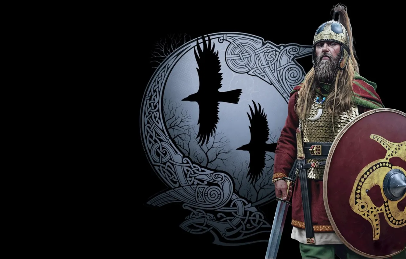 Photo wallpaper warrior, shield, Odin's ravens—Hugin and Munin, Joan Francesc Oliveras Pallerols, Theodoric, Theodoric