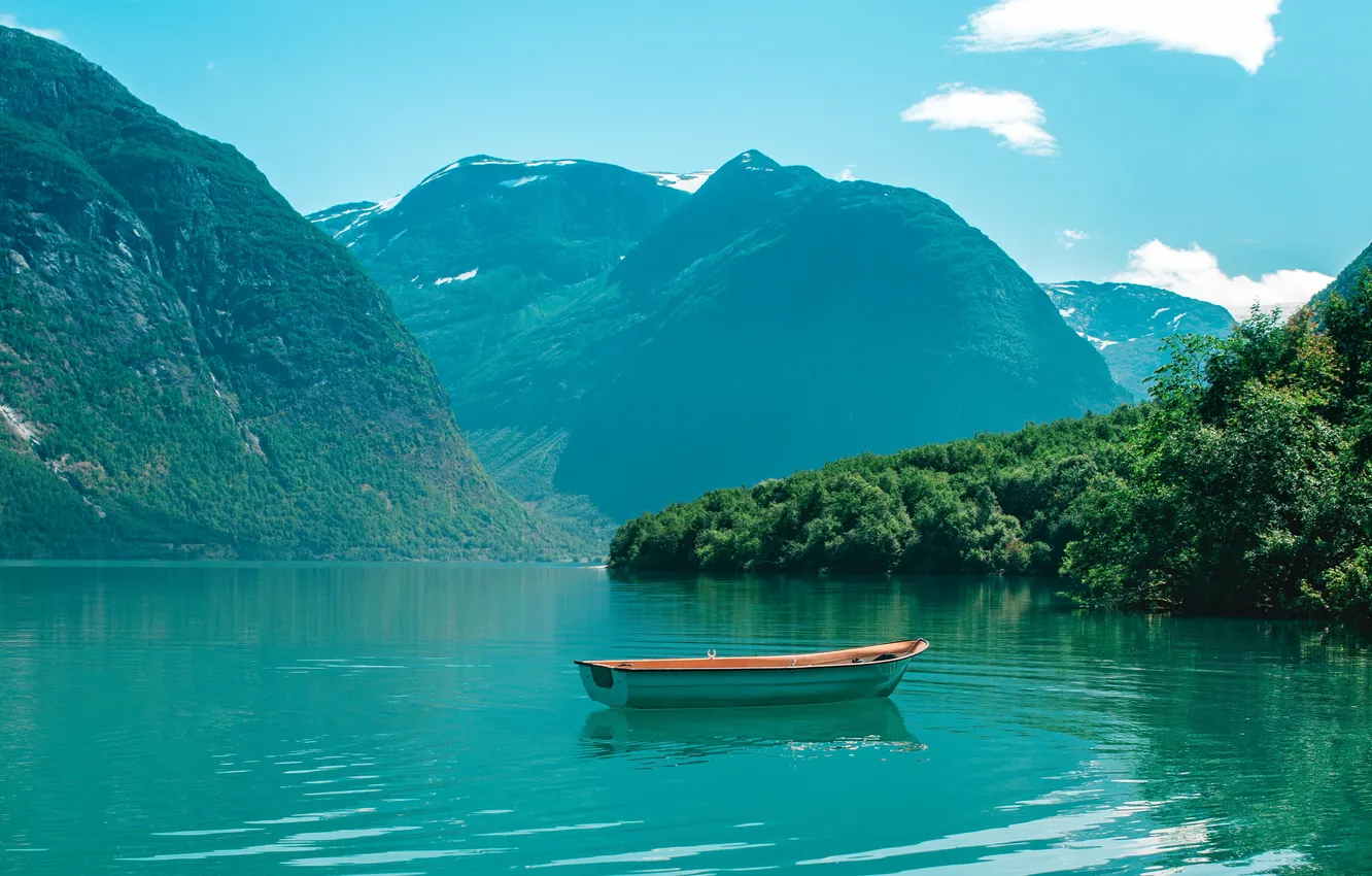 Photo wallpaper forest, the sky, clouds, landscape, mountains, nature, lake, boat