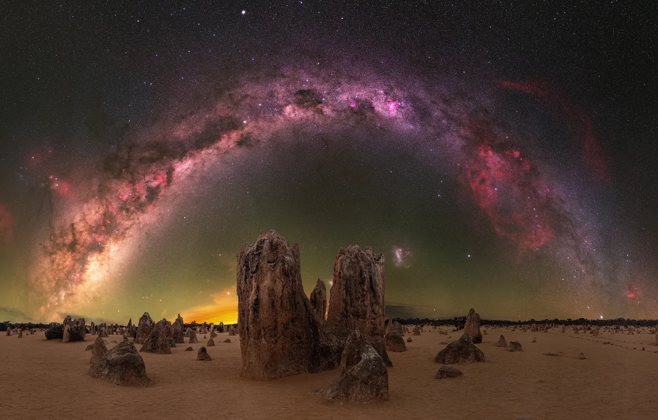 Photo wallpaper field, the sky, space, stars, stones, rocks, desert, the milky way