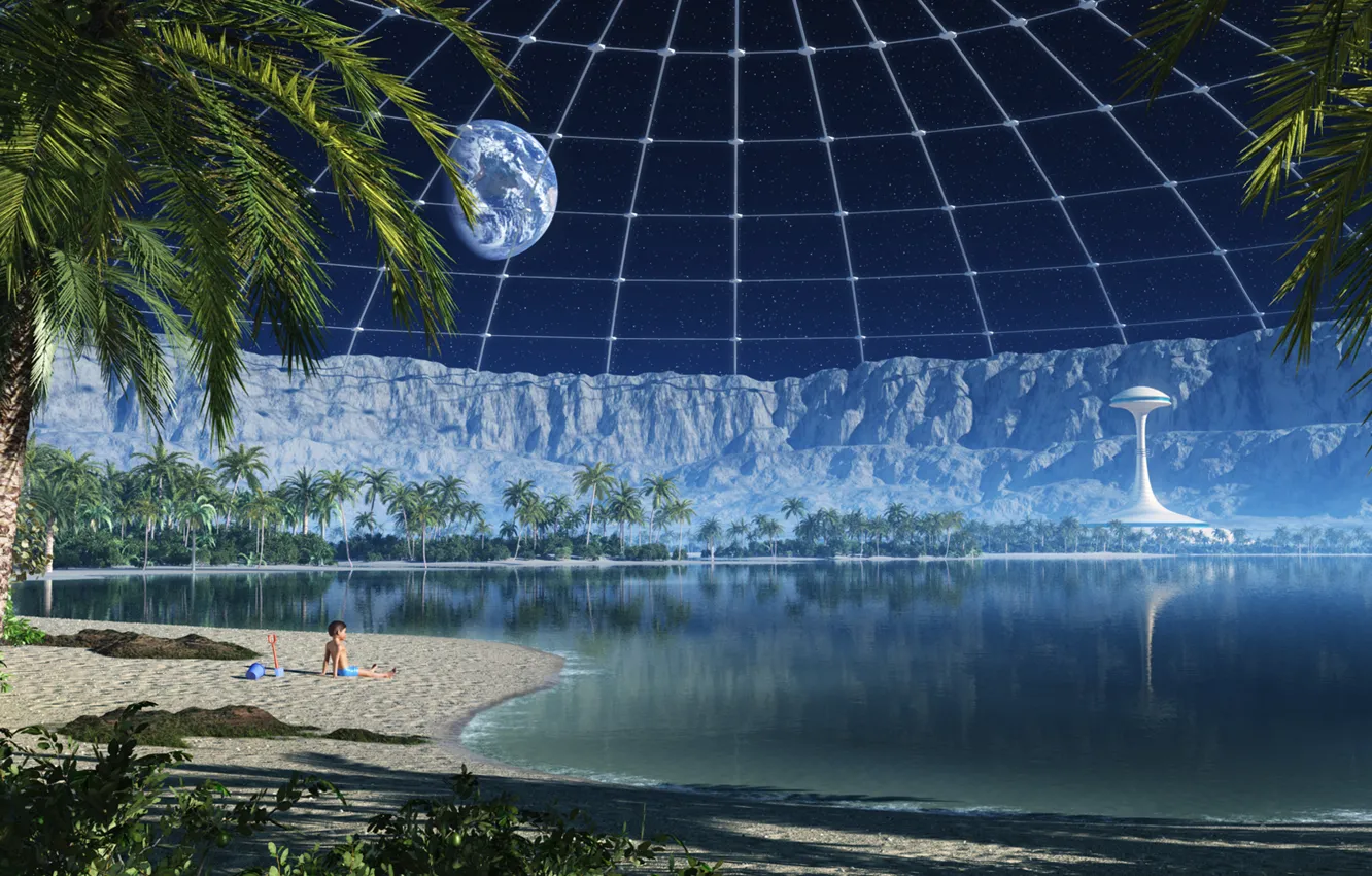 Photo wallpaper beach, on the moon, my beach in a moon crater