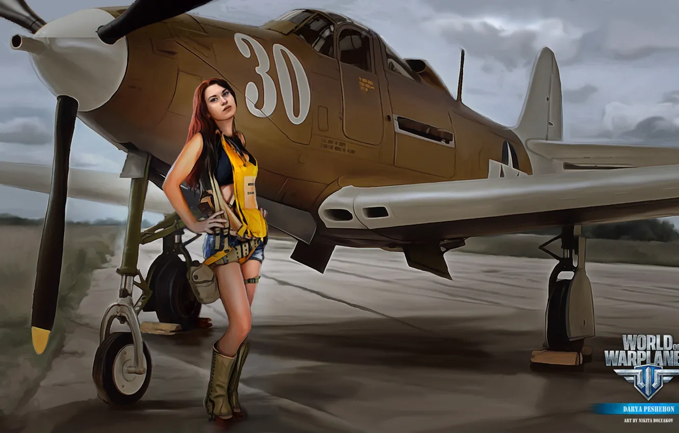 Photo wallpaper girl, the plane, girl, legs, aviation, air, MMO, Wargaming.net