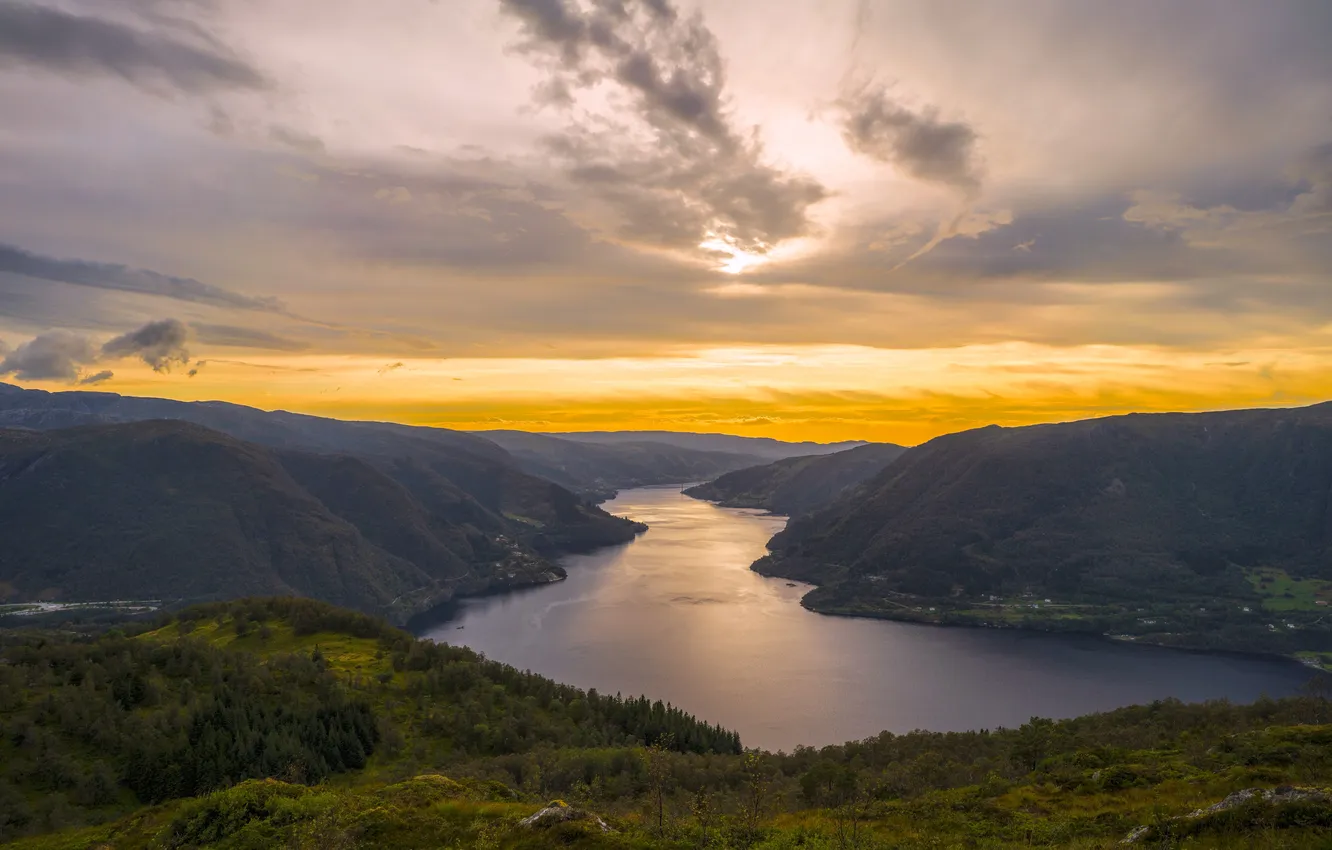 Photo wallpaper forest, landscape, sunset, nature, river