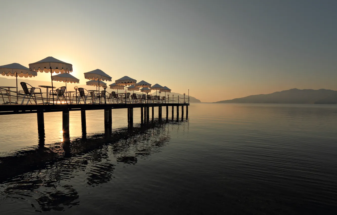 Photo wallpaper sea, pierce, umbrellas, resort, Turkey, tables