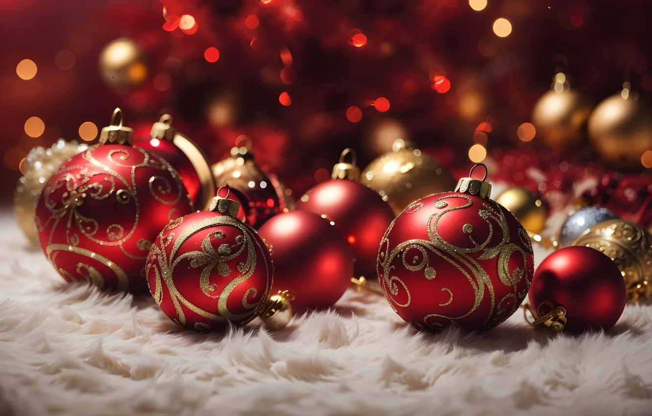 Photo wallpaper decoration, balls, tree, new year, Christmas, red, golden, Christmas