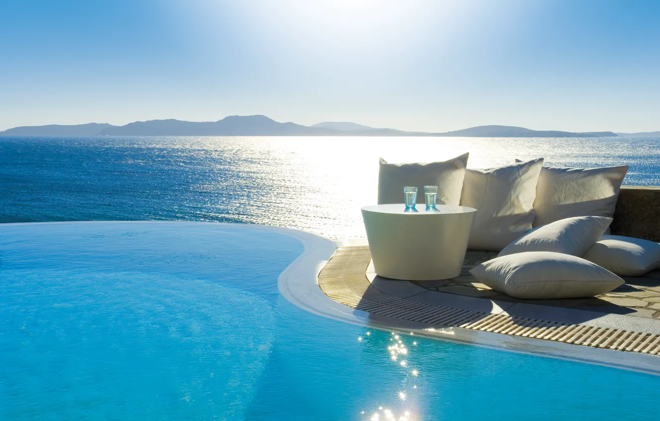 Photo wallpaper sea, water, mountains, view, pillow, pool, morning, table