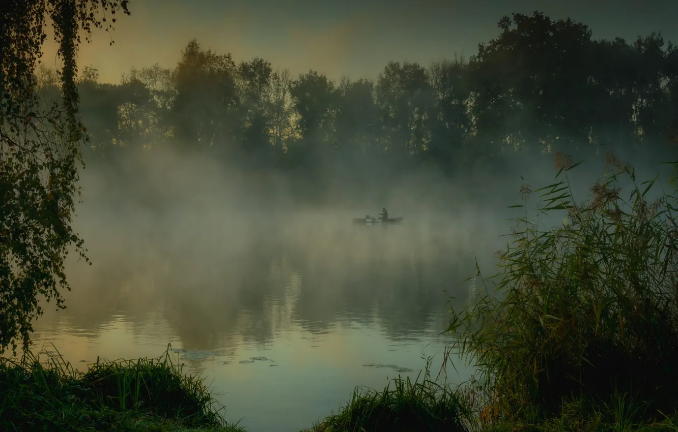 Photo wallpaper fog, lake, shore, boat, fishing, fisherman, morning