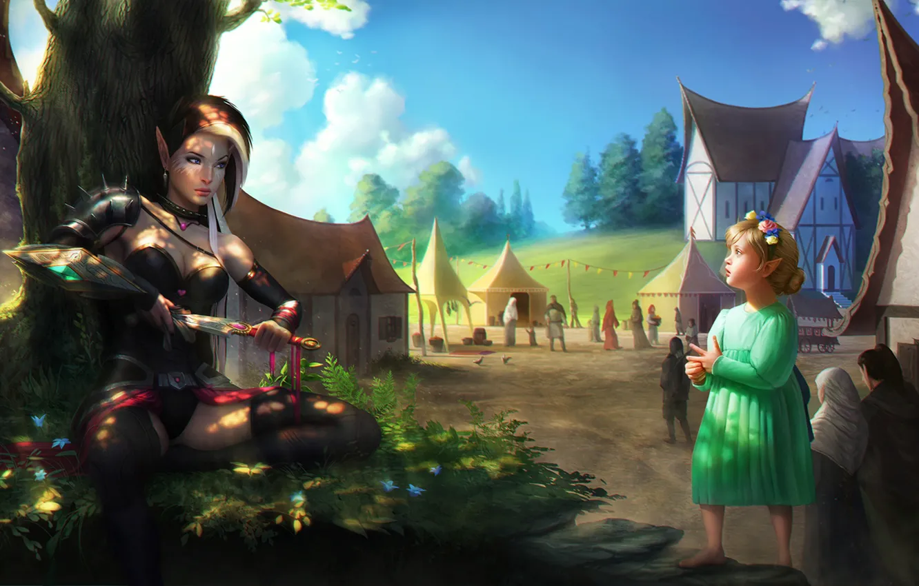 Photo wallpaper trees, the city, street, elf, girl, dagger, Antalya