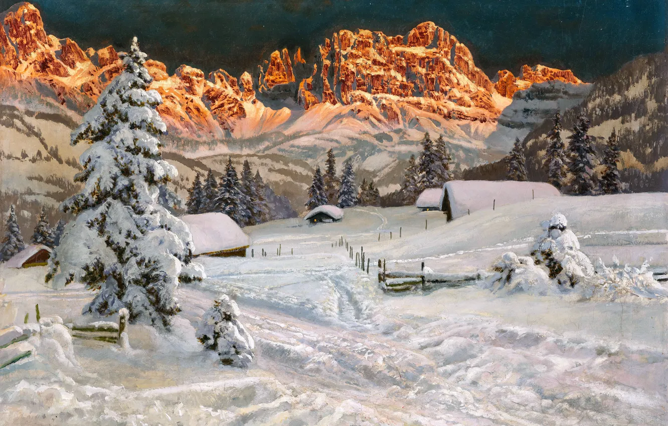 Photo wallpaper winter, snow, trees, mountains, home, picture, Alois Arnegger, Austrian painter