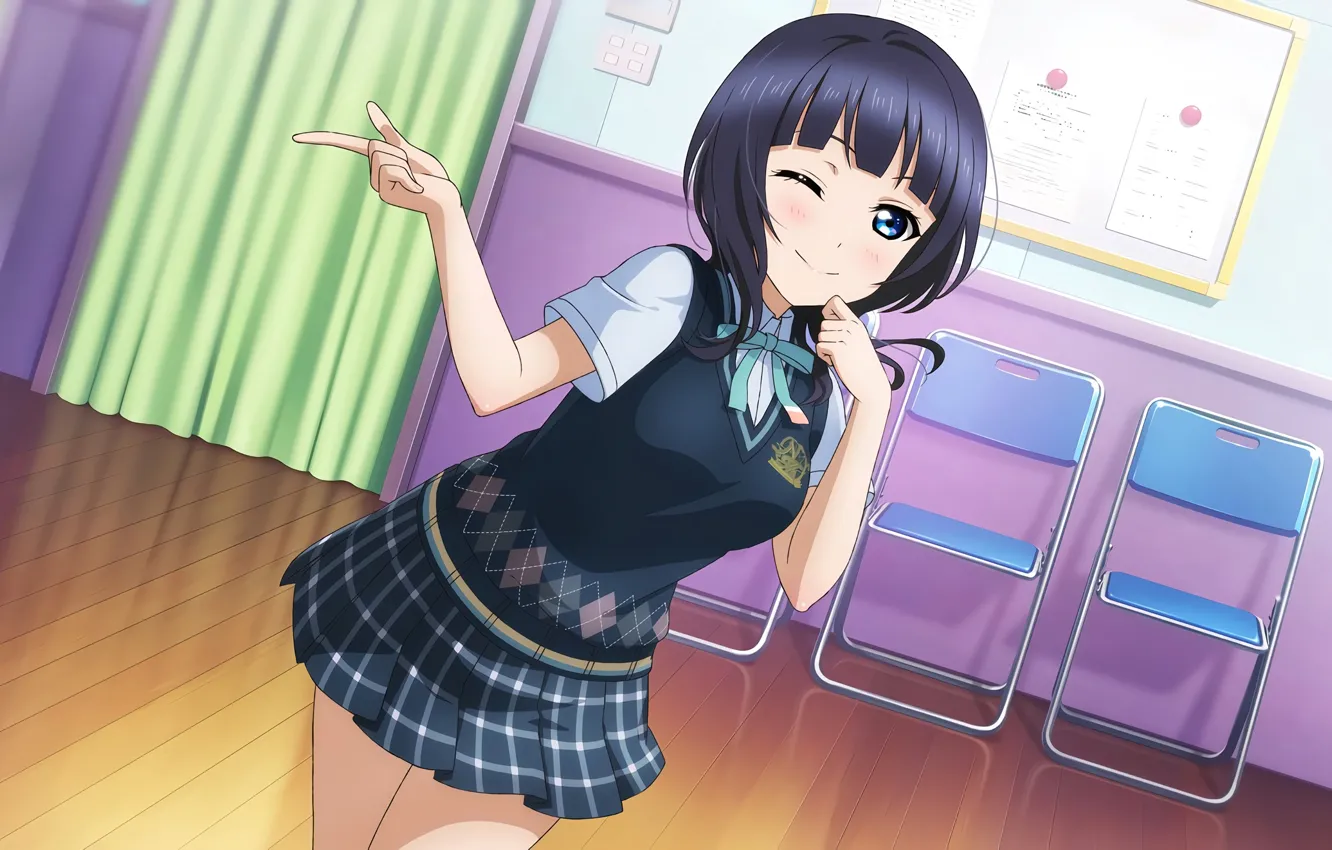 Photo wallpaper girl, school uniform, anime, blue eyes, beautiful, short hair, pretty, attractive