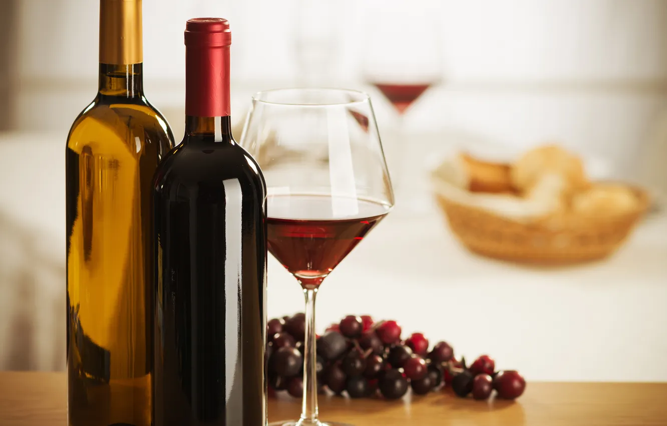 Photo wallpaper wine, red, white, glass, grapes, bottle