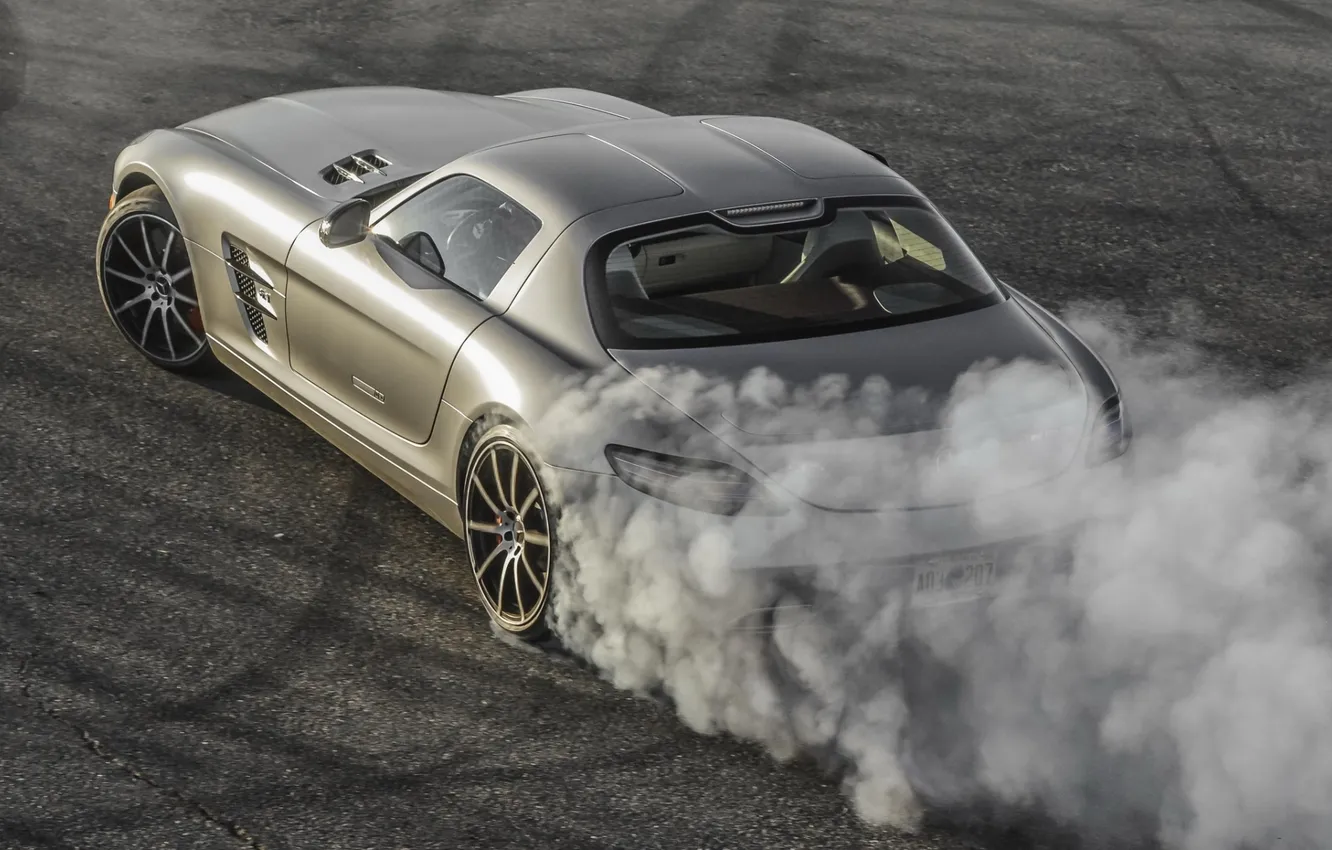Photo wallpaper grey, smoke, Mercedes-Benz, supercar, Mercedes, rear view, AMG, AMG