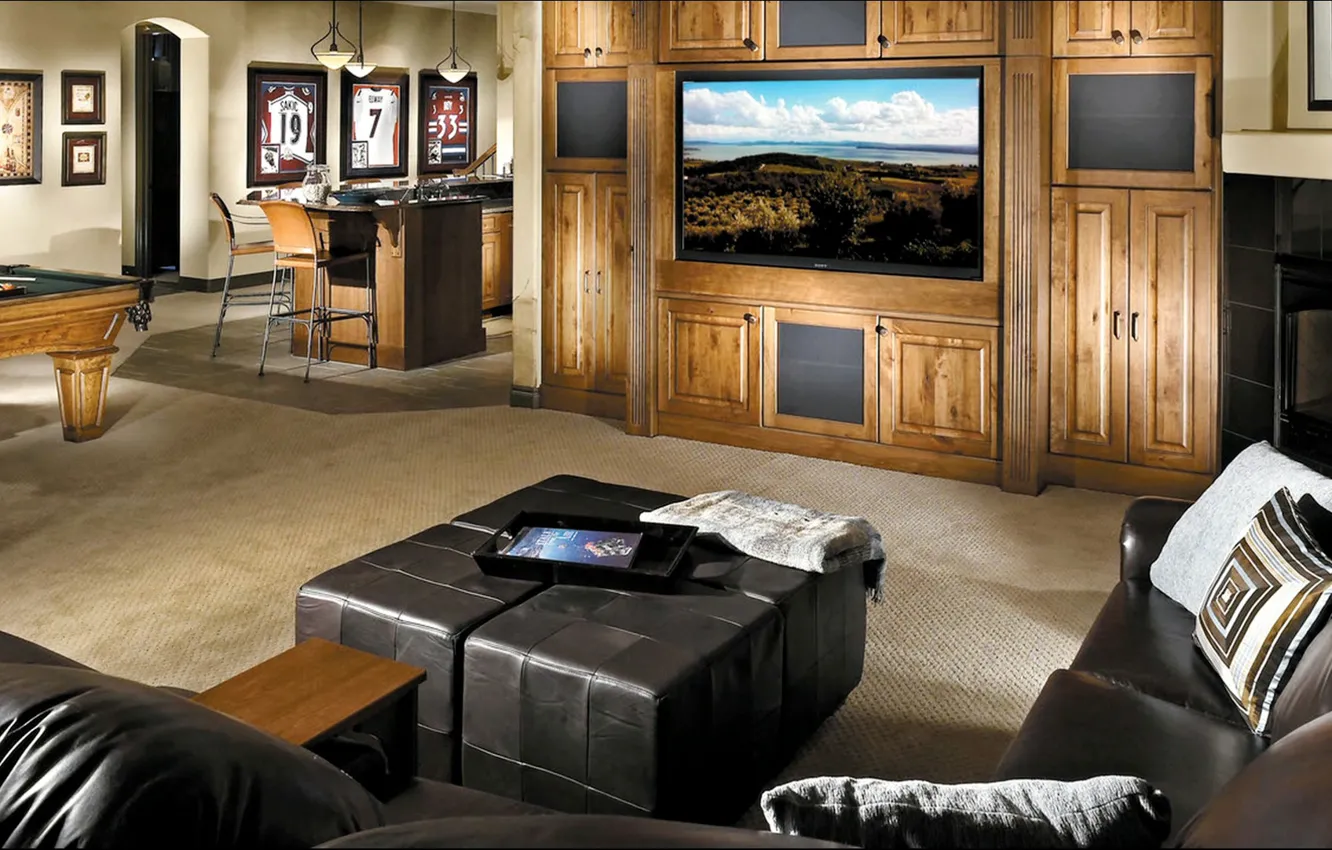 Photo wallpaper interior, Billiards, kitchen, living room, Basement