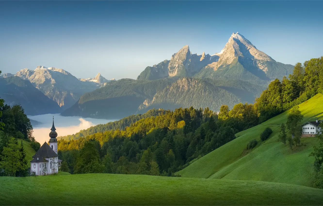 Photo wallpaper forest, mountains, lake, house, Germany, slope, Bayern, Church