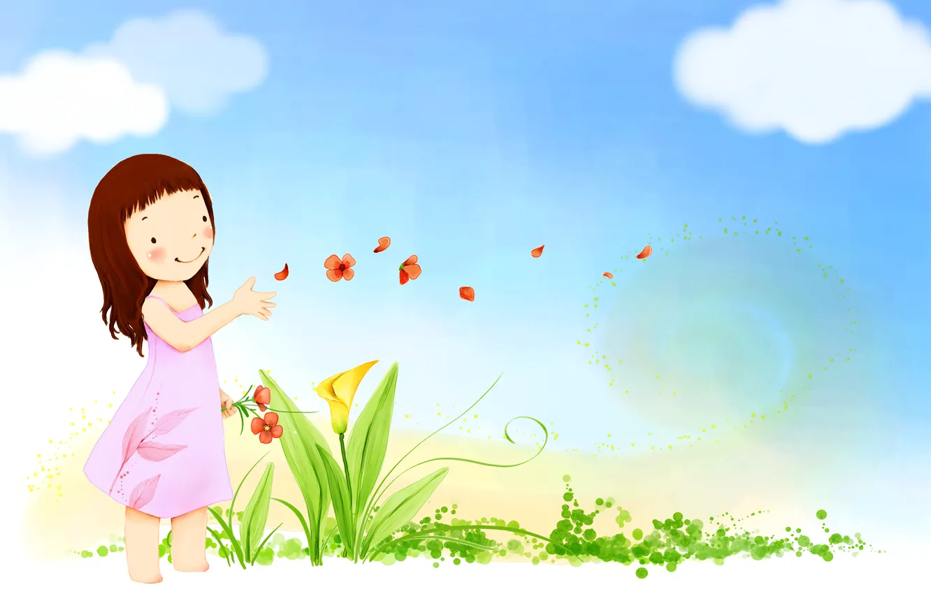 Photo wallpaper the sky, clouds, flowers, smile, the wind, petals, dress, girl