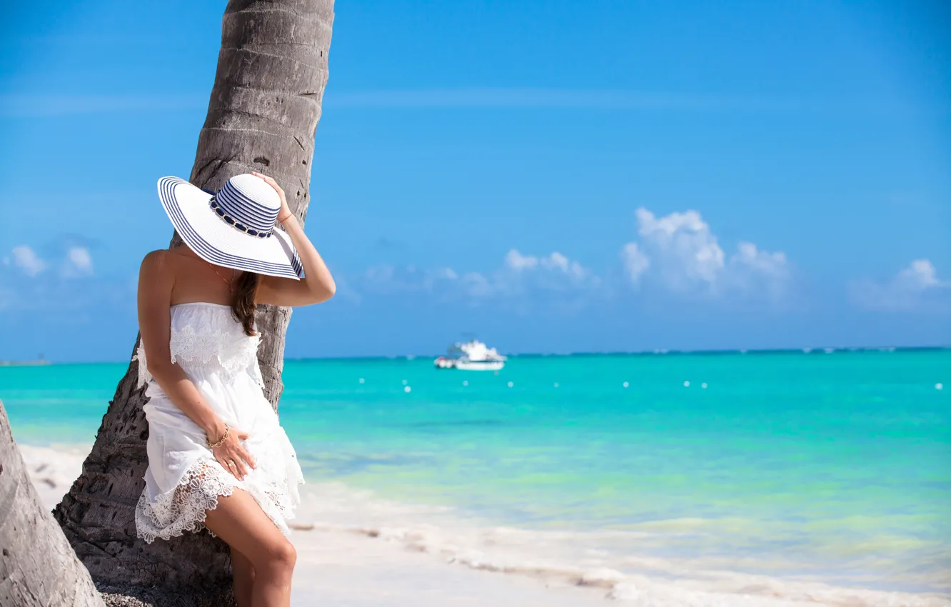 Photo wallpaper sea, beach, girl, the sun, pose, hat, figure, dress