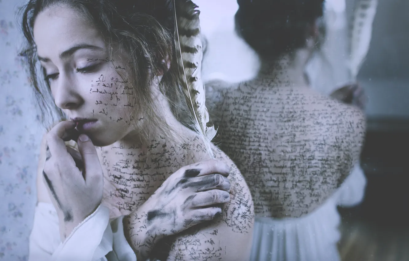 Photo wallpaper letter, girl, reflection, mood, back, feathers, hands, mirror