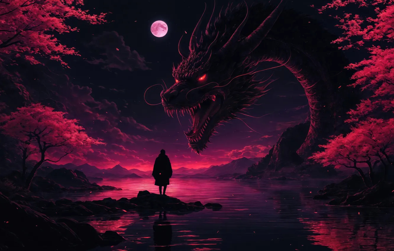 Photo wallpaper trees, night, the moon, dragon, monster, monster, trees, traveler