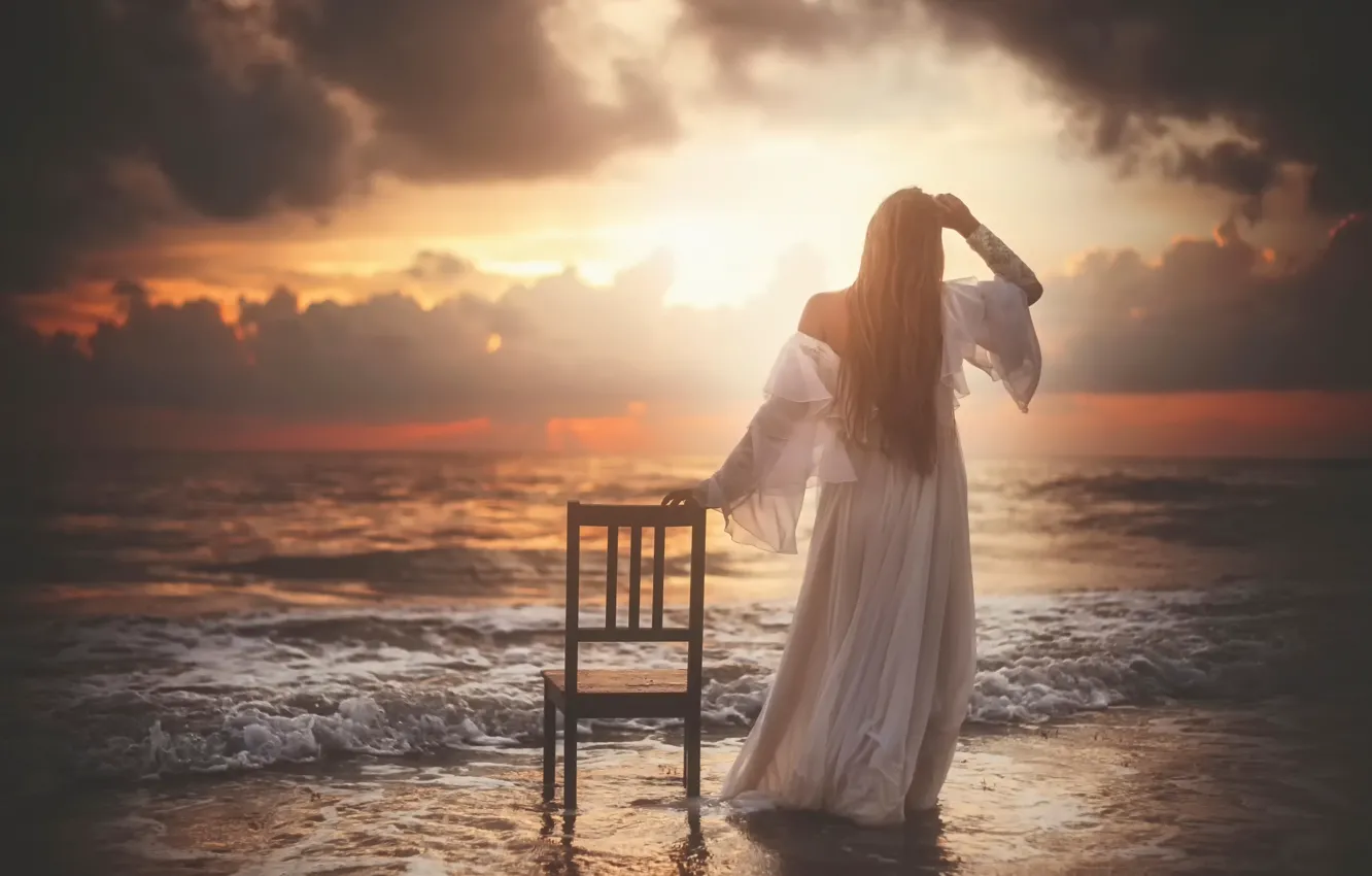 Photo wallpaper girl, shore, art, chair, surf, Forsaken