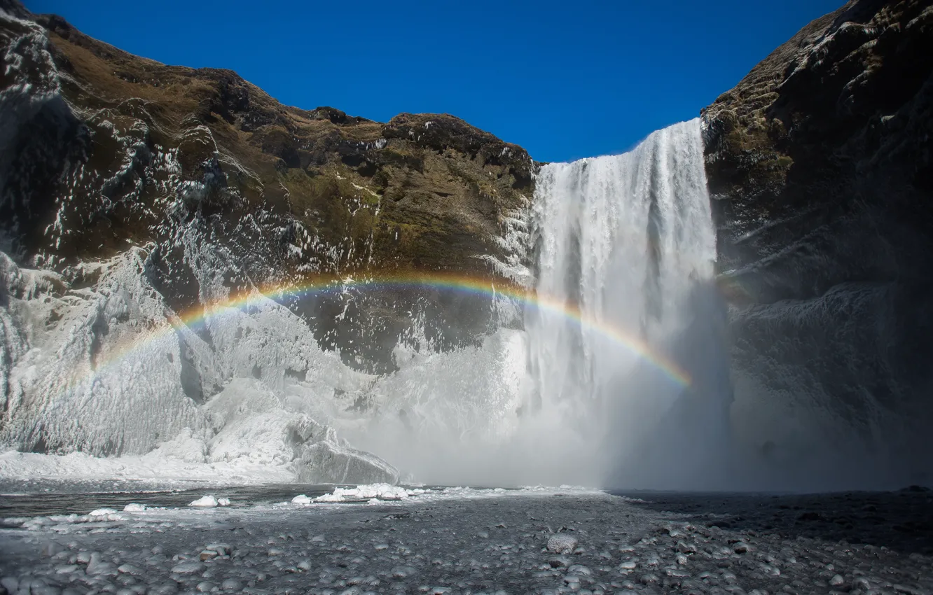 Photo wallpaper nature, rocks, waterfall, rainbow, rainbow, Iceland, nature, waterfall