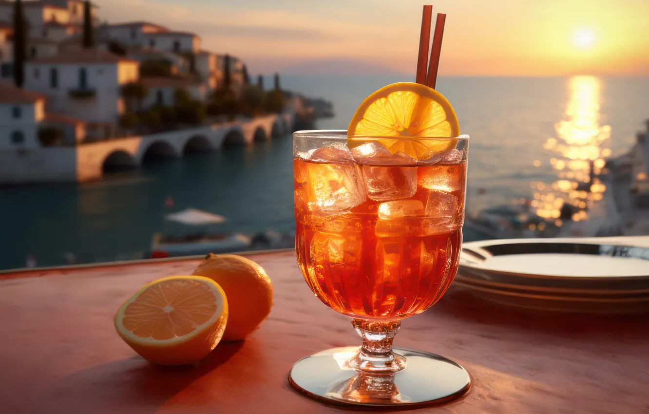 Photo wallpaper ice, sea, the sun, sunset, the city, table, shore, coast