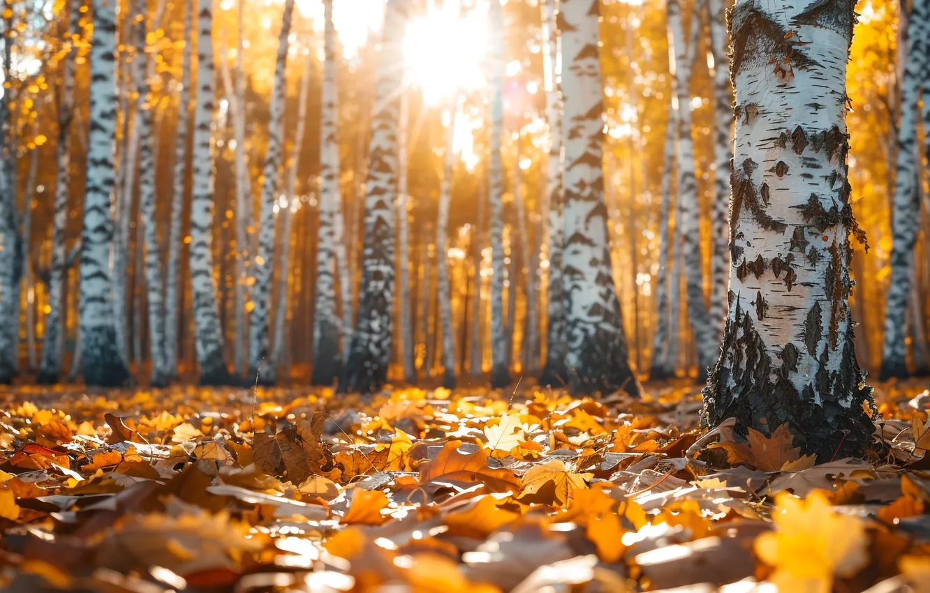Photo wallpaper autumn, rays, trees, foliage, trunk, falling leaves, birch, birch grove