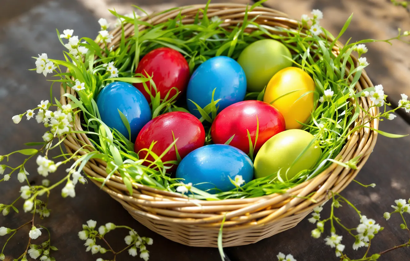 Photo wallpaper greens, light, flowers, table, holiday, bright, Board, eggs