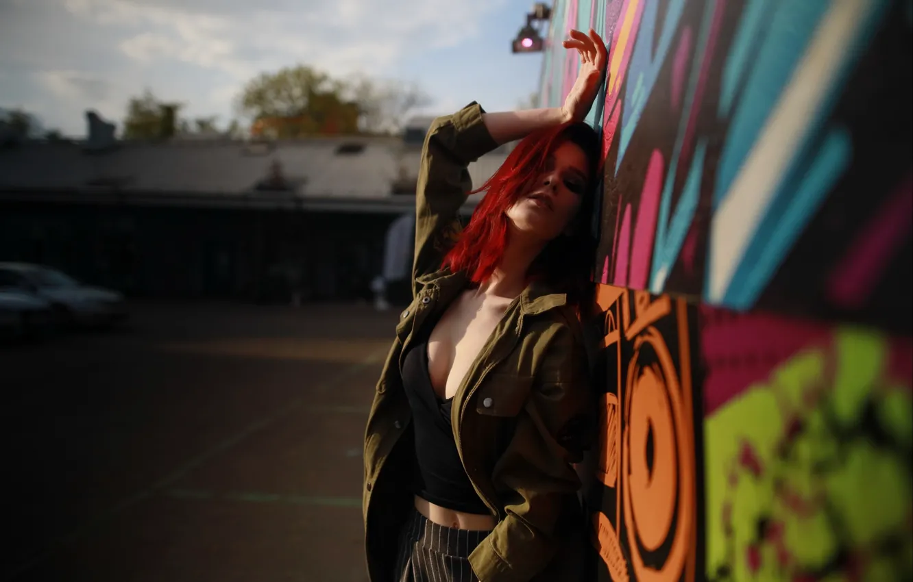 Photo wallpaper graffiti, sky, clouds, model, women, redhead, jacket, closed eyes