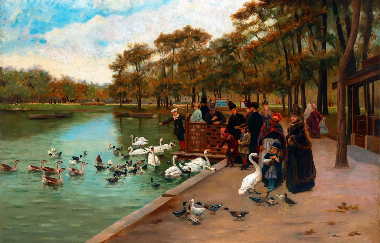 Photo wallpaper pond, people, picture, swans, French artist, Jules Scalbert, Feeding swans at a large pond, Jules …