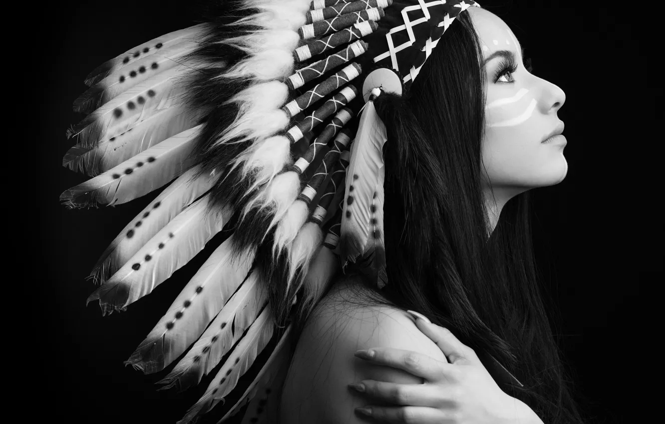 Photo wallpaper face, model, feathers, profile, headdress