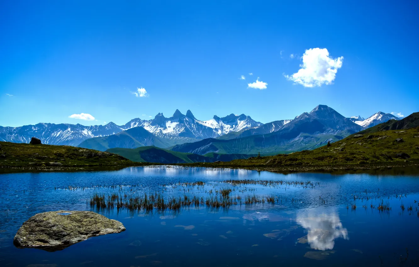 Photo wallpaper grass, sky, sea, nature, blue, water, clouds, mountain