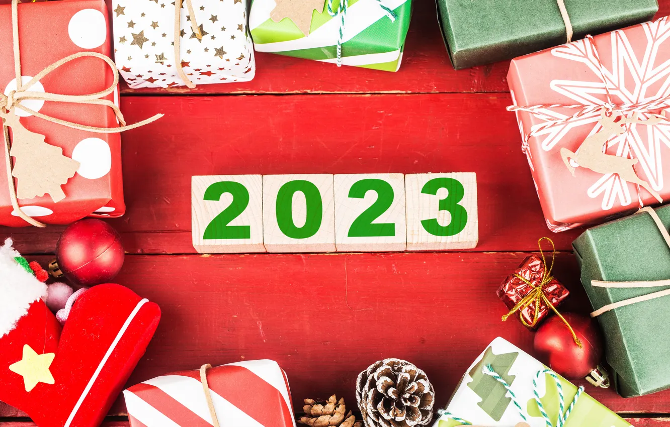 Photo wallpaper balls, box, gift, cubes, Board, new year, figures, wooden