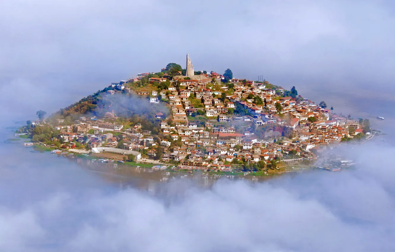 Photo wallpaper the city, fog, home, Mexico, lake Patzcuaro, the island Hanitsio