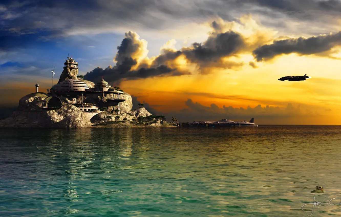 Photo wallpaper sky, sea, clouds, island, base, pacifica station