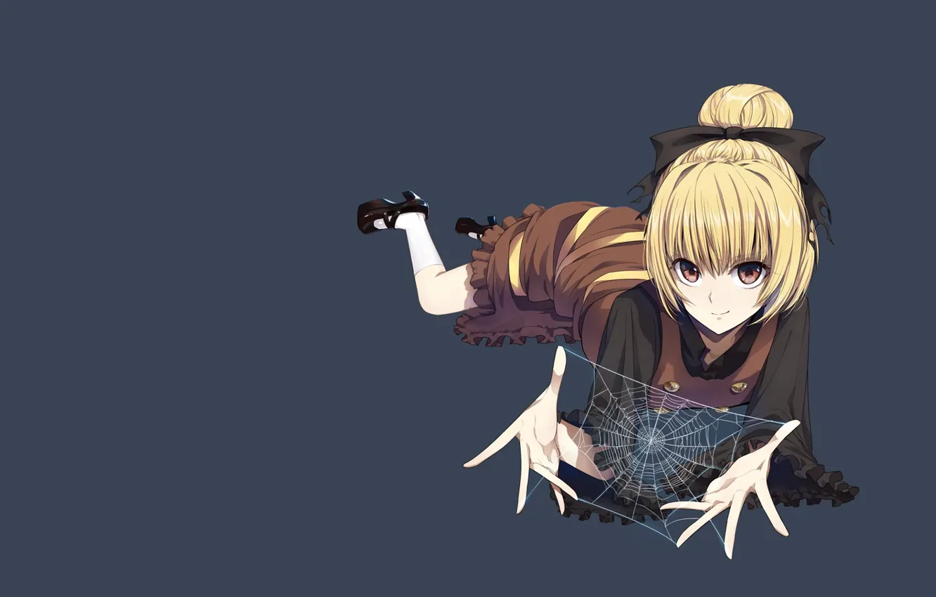 Photo wallpaper web, grey background, grin, art, spider, black shoes, Touhou Project, Project East