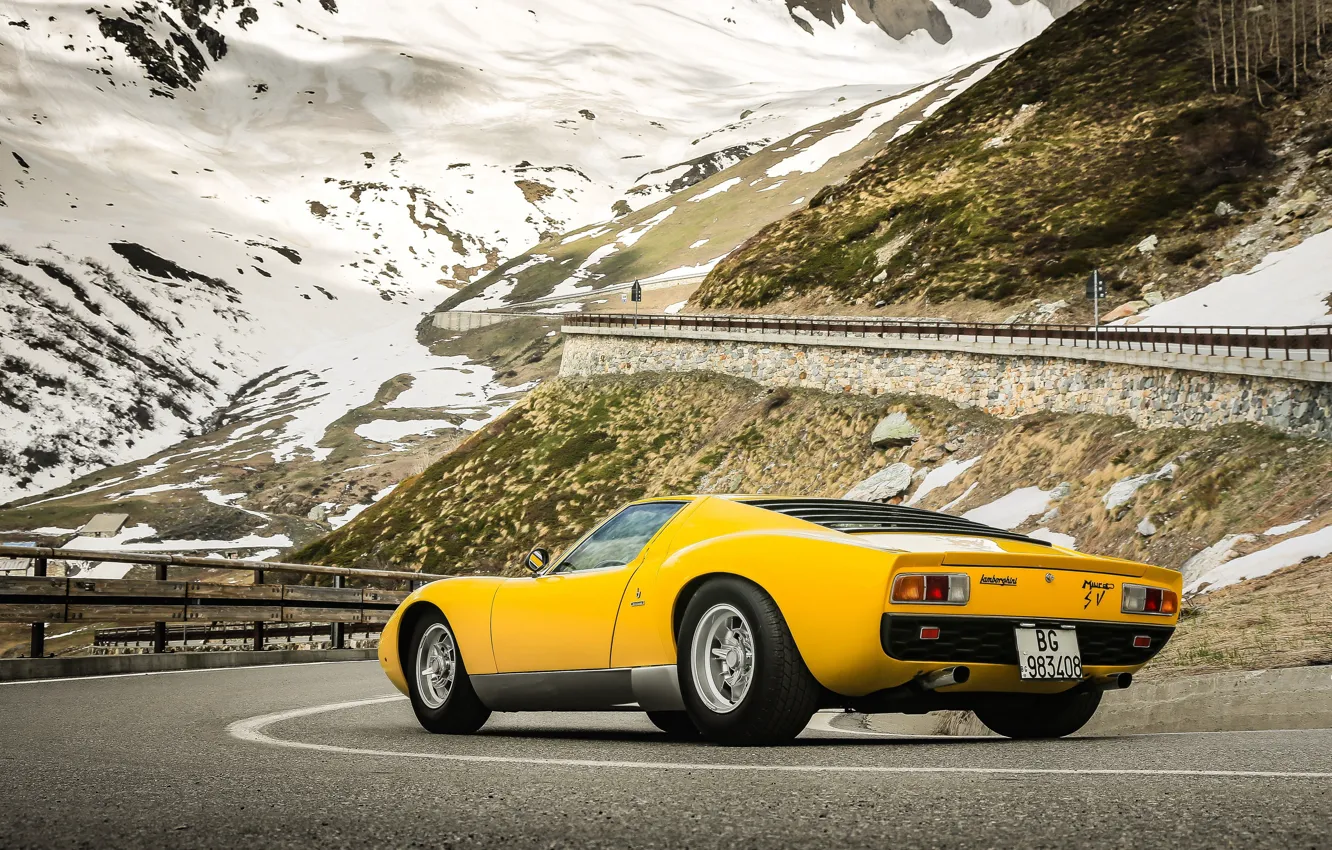 Photo wallpaper Color, Auto, Road, Mountains, Yellow, Lamborghini, Rocks, Snow