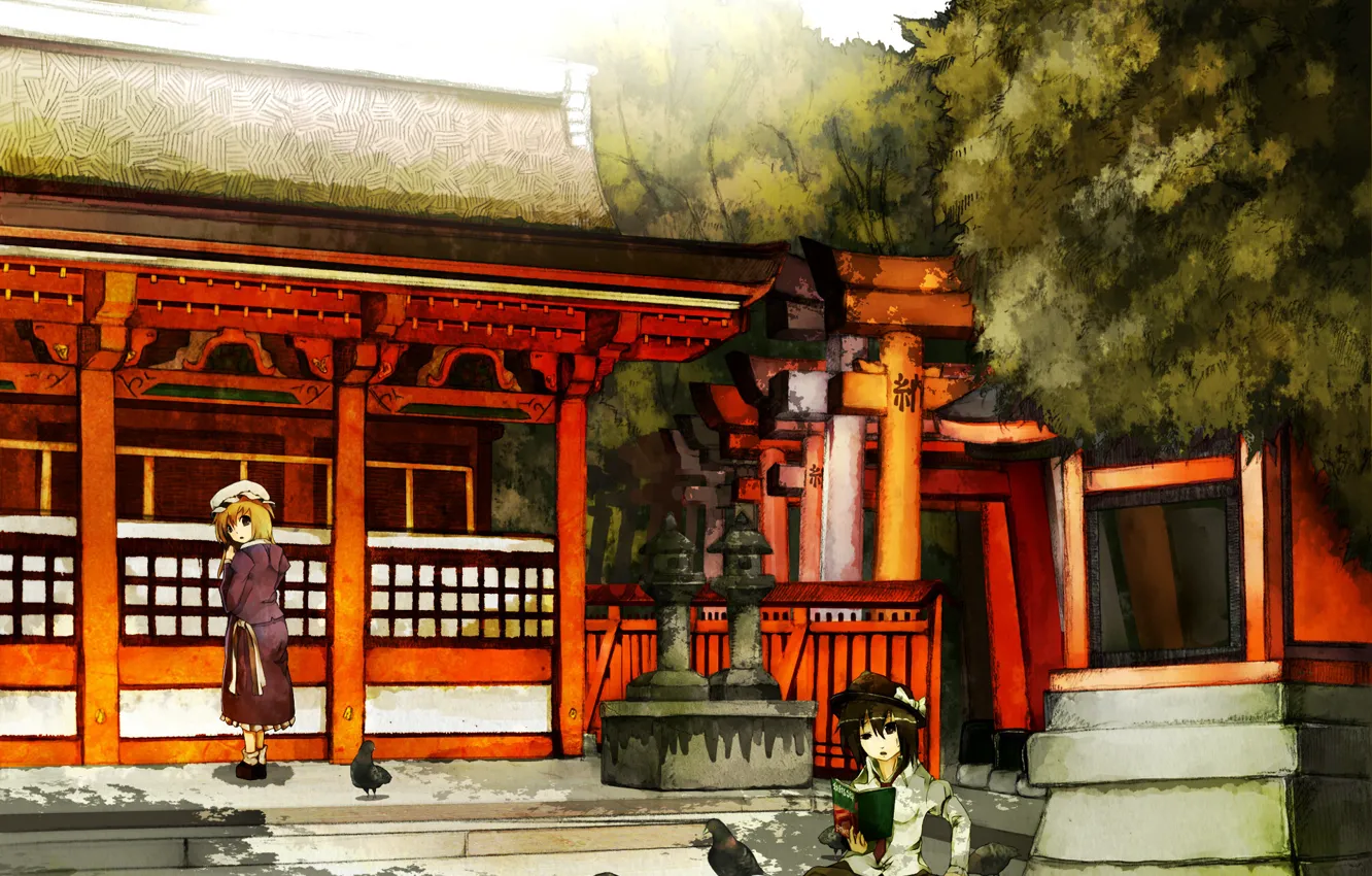 Photo wallpaper gate, pigeons, temple, book, touhou, usami renko, maribel han