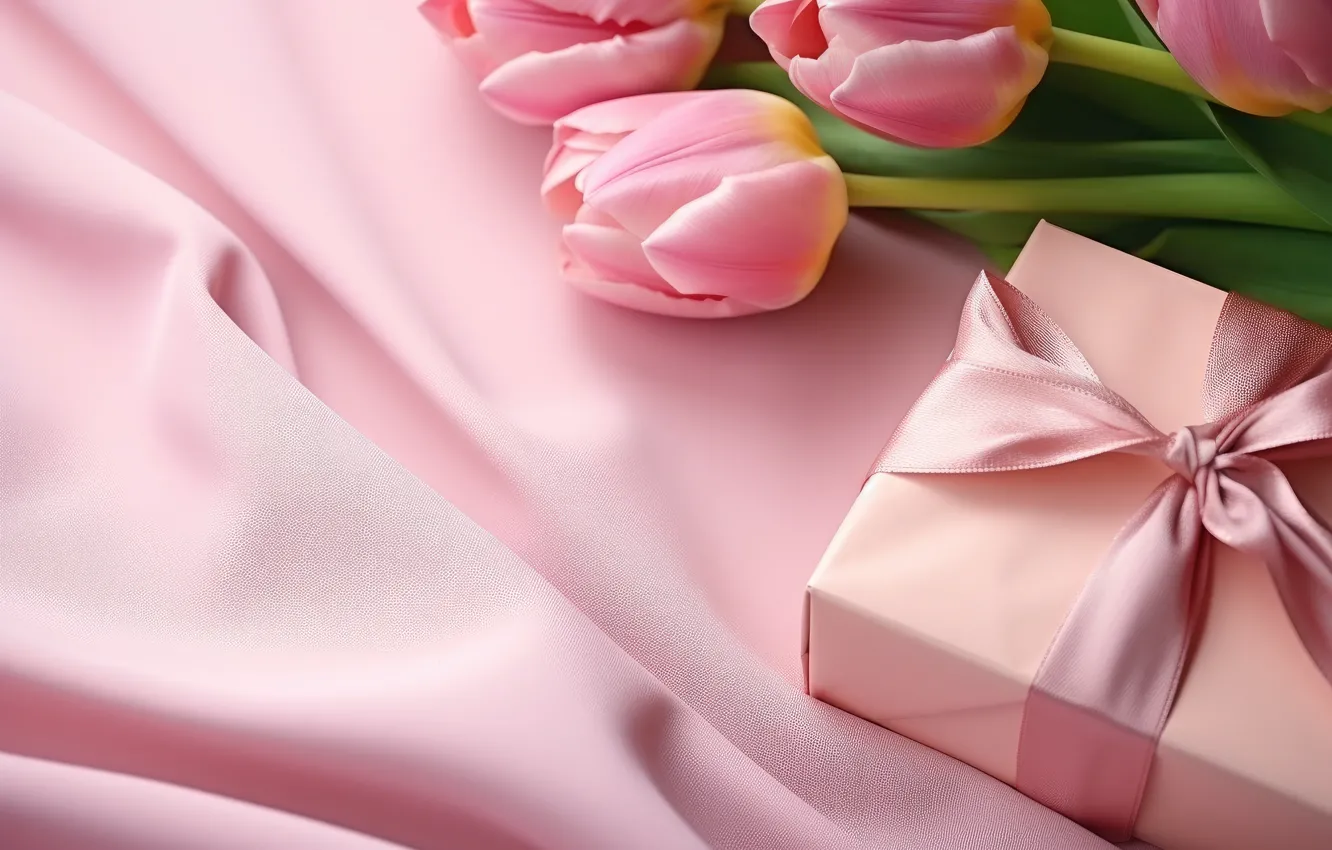 Photo wallpaper flowers, birthday, box, gift, bouquet, spring, Easter, tulips