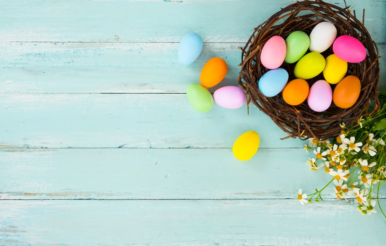 Photo wallpaper flowers, basket, eggs, spring, colorful, Easter, wood, flowers