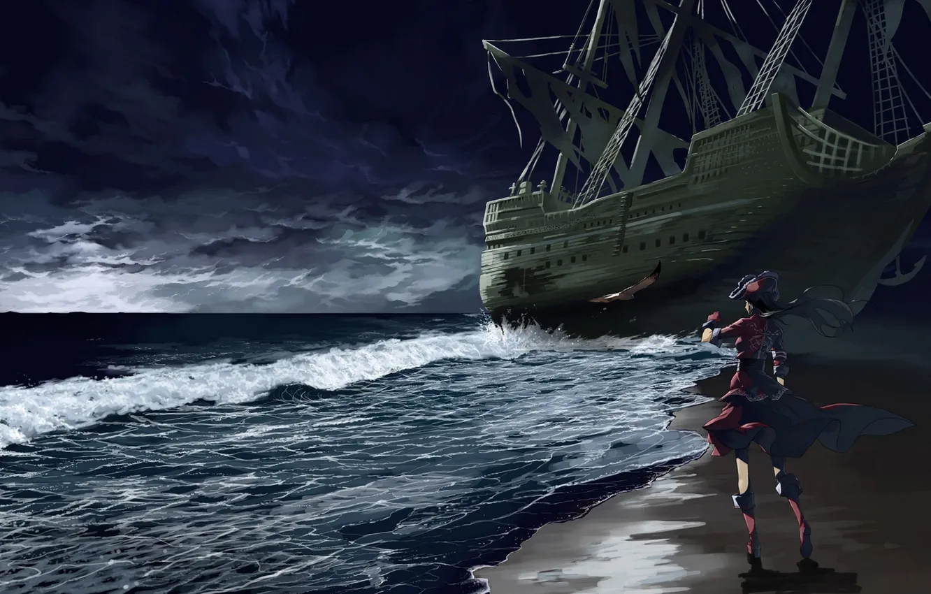 Photo wallpaper the sky, girl, clouds, storm, the ocean, the wind, shore, ship