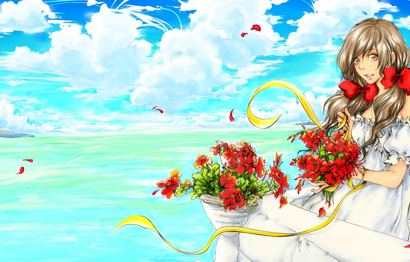Photo wallpaper sea, look, girl, flowers, smile, art, axis powers hetalia and axis countries, Seychelles