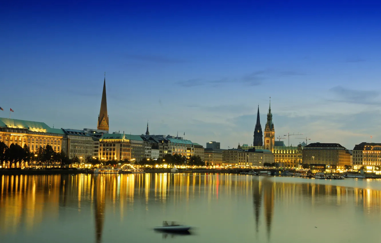 Photo wallpaper lights, lake, home, the evening, Germany, Hamburg, town hall, Alster